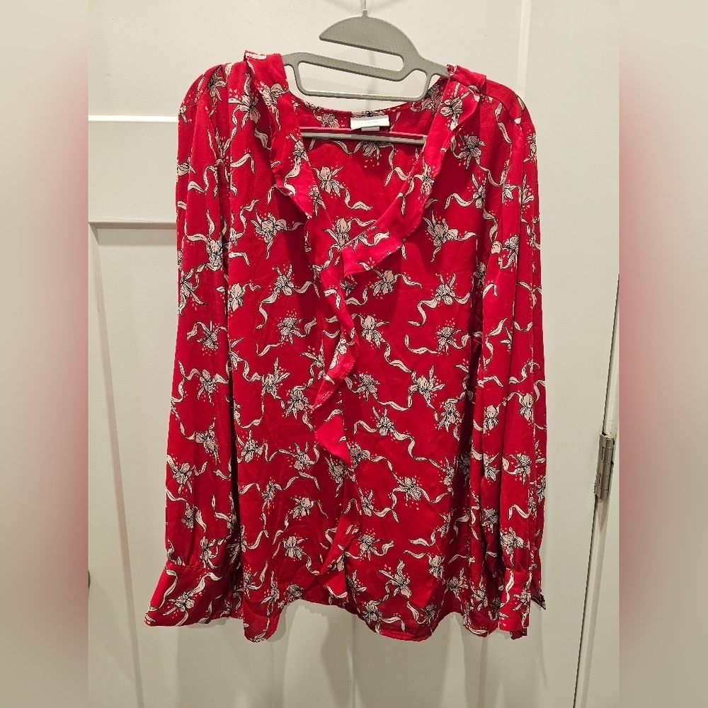 Liz Claiborne Red Floral Ruffle Blouse Size 1X Long Sleeve Button Front Top